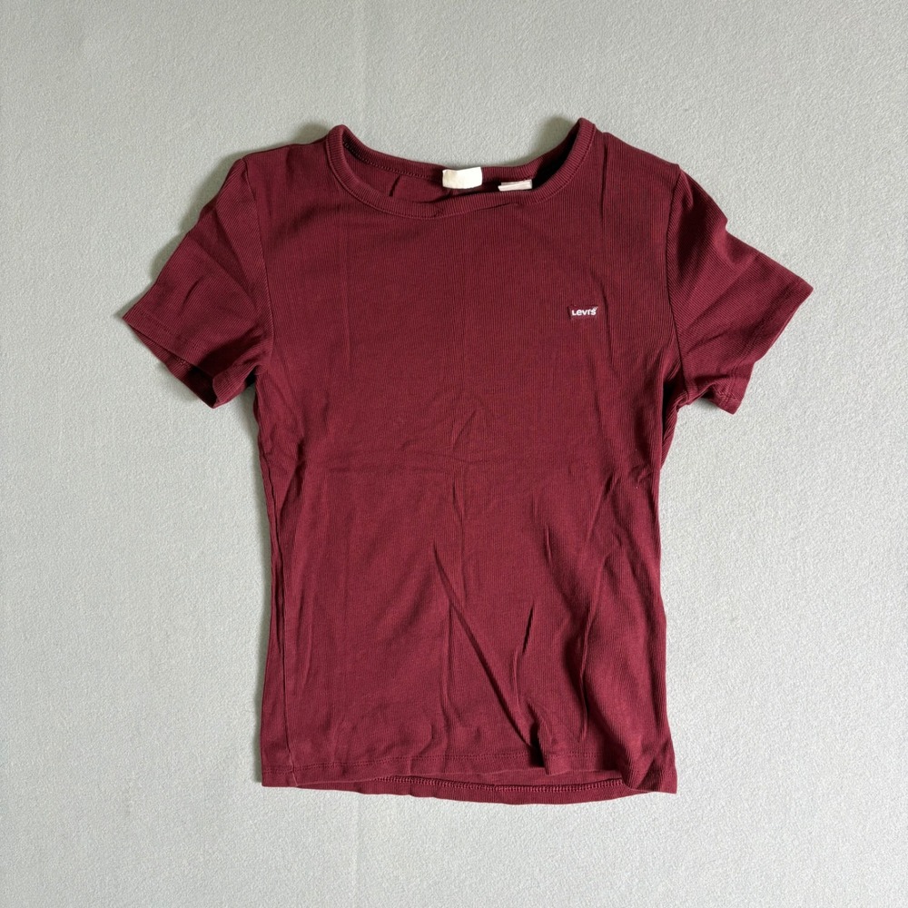 Levis‎ Womens Ribbed Short Sleeve T-Shirt Burgundy Maroon Crew Neck Logo Top